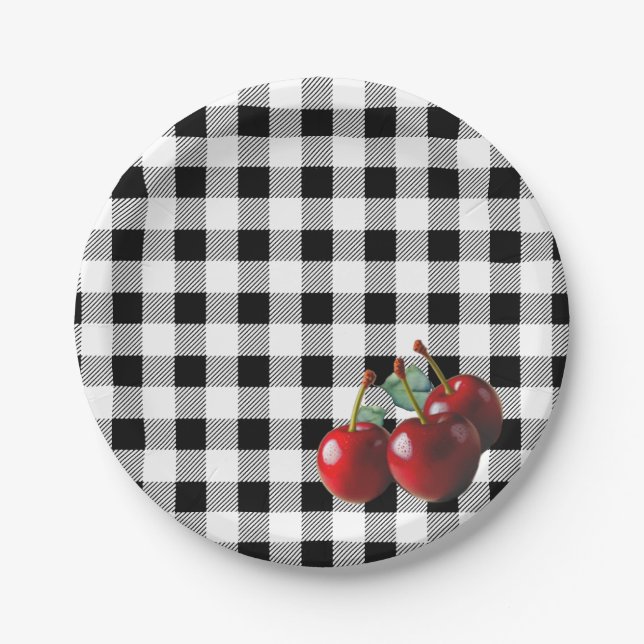 Vintage Cherries black white gingham Paper Plates (Front)