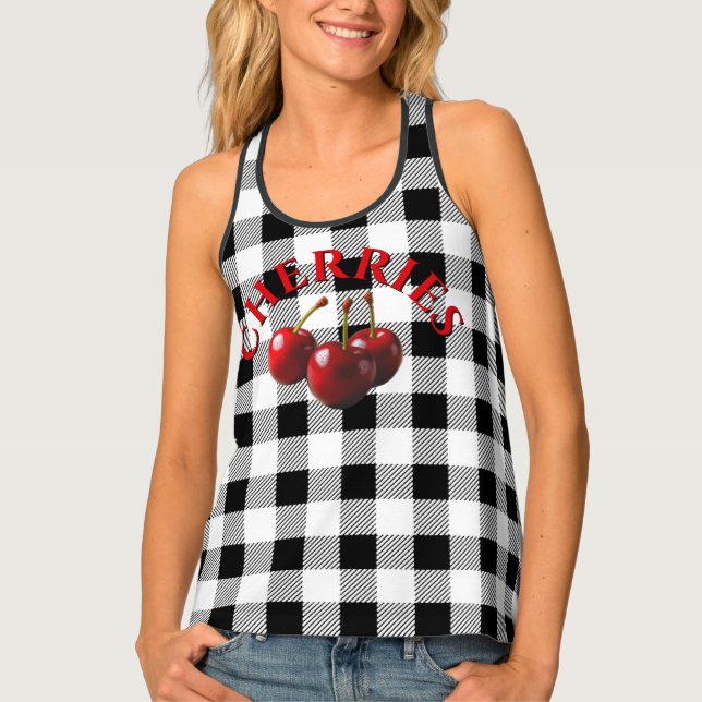 Vintage Cherries black white gingham Tank Top (Front)