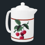 Vintage Cherries Teapot<br><div class="desc">Medium white Porcelain teapot with a vintage 1940s image,  on both sides,  of red cherries. Red borders. See matching candy jar,  espresso cup,  flask,  pitcher,  paper plate,  shot glass and coasters. See the entire Patriotic 40s Teapot collection in the FOOD/BEV | Dishes section.</div>