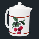 Vintage Cherries Teapot<br><div class="desc">Medium white Porcelain teapot with a vintage 1940s image, on both sides, of red cherries. Red borders. See matching candy jar, espresso cup, flask, pitcher, paper plate, shot glass and coasters. See the entire Patriotic 40s Teapot collection in the FOOD/BEV | Dishes section.</div>