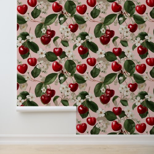 Vintage Cherry Blossom Botanical Pink Garden Wallpaper