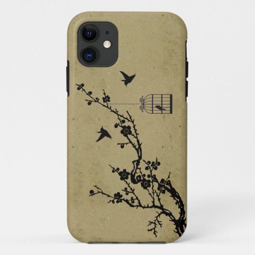 Vintage cherry blossom branch and birds silhouette iPhone 11 case