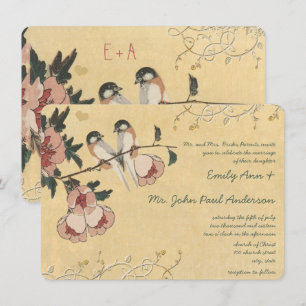 Vintage Cherry Blossom Chickadee Damask Wedding Invitation