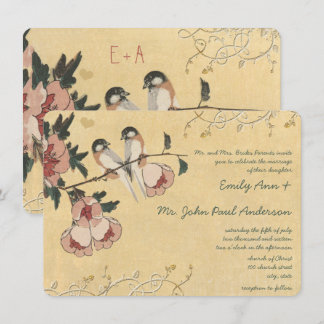 Vintage Cherry Blossom Chickadee Damask Wedding Invitation