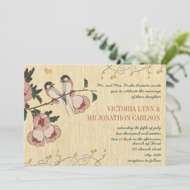 Vintage Cherry Blossom Chickadee  Damask Wedding Invitation (Standing Front)