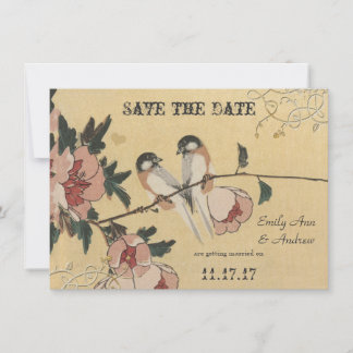Vintage Cherry Blossom Chickadee Damask Wedding Invitation