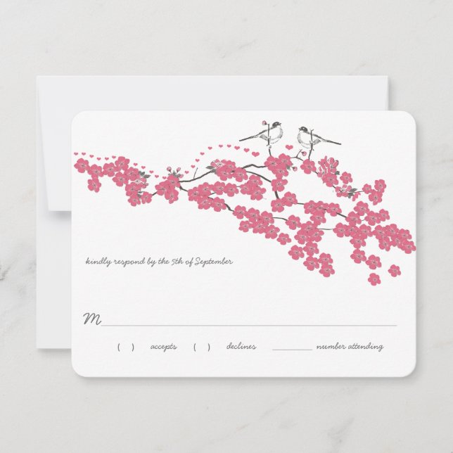 Vintage Cherry Blossom Chickadee Wedding RSVP (Front)