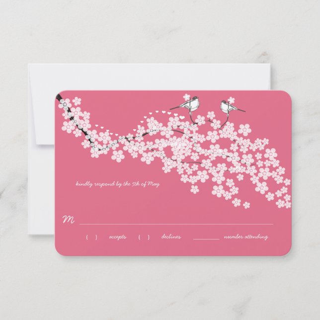 Vintage Cherry Blossom Chickadee Wedding RSVP Card (Front)