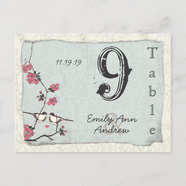 Vintage Cherry Blossom Damask Wedding Table Number (Front)