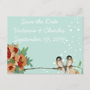 Vintage Cherry Blossom Love Bird Peach Mint Announcement Postcard