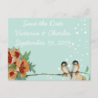 Vintage Cherry Blossom Love Bird Peach Mint Announcement Postcard