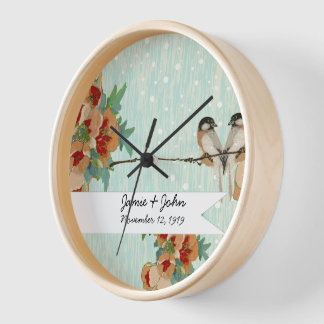 Vintage Cherry Blossom Love Bird Peach Mint Clock