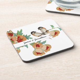 Vintage Cherry Blossom Love Bird Peach Mint Drink Coaster