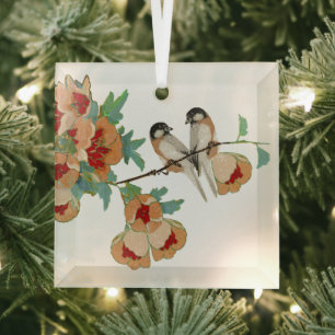 Vintage Cherry Blossom Love Bird Peach Mint Glass Ornament