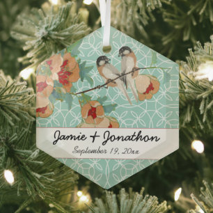 Vintage Cherry Blossom Love Bird Peach Mint Glass Ornament