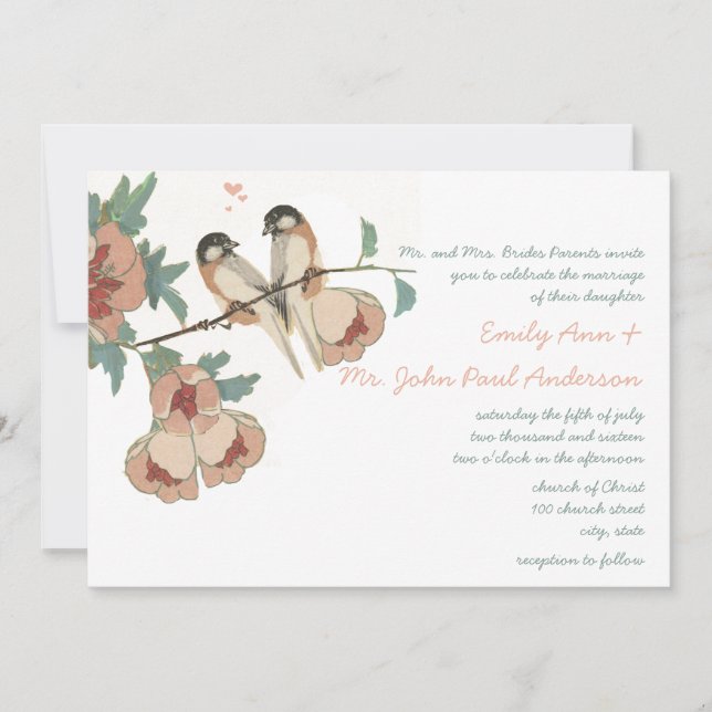 Vintage Cherry Blossom Love BIrd Peach Mint Invitation (Front)