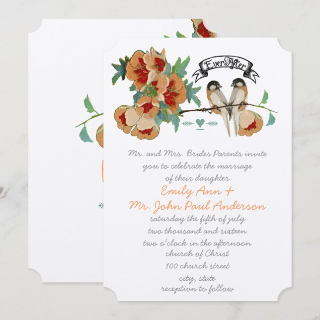 Vintage Cherry Blossom Love BIrd Peach Mint Invitation (Front/Back)