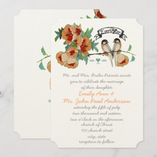 Vintage Cherry Blossom Love BIrd Peach Mint Invitation