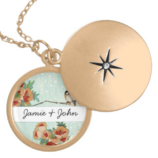 Vintage Cherry Blossom Love Bird Peach Mint Locket Necklace