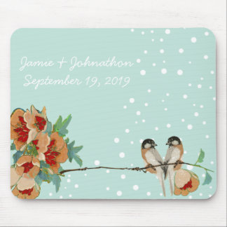 Vintage Cherry Blossom Love Bird Peach Mint Mouse Pad