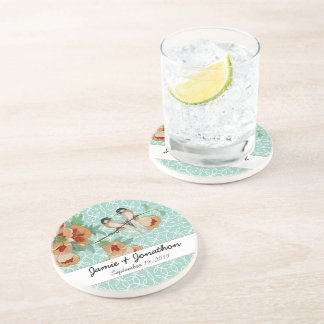 Vintage Cherry Blossom Love Bird Peach Mint Sandstone Coaster