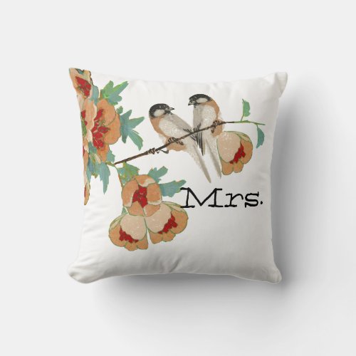 Vintage Cherry Blossom Love Bird Peach Mint Throw Pillow