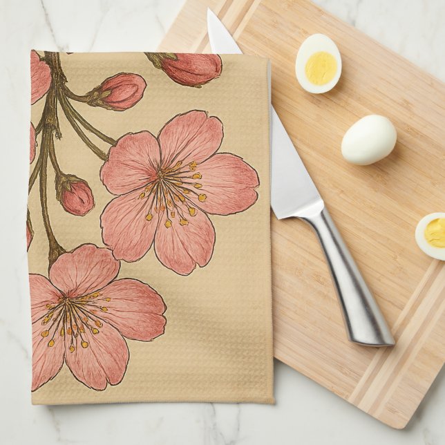 Vintage Cherry Blossom on Weathered Paper Kitchen Towel (Quarter Fold)