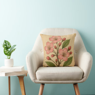 Vintage Cherry Blossom on weathered paper Throw Pillow