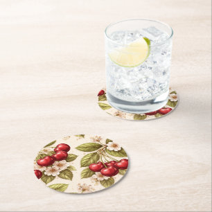 Vintage Cherry Blossom Pattern Red Cherries Round Paper Coaster
