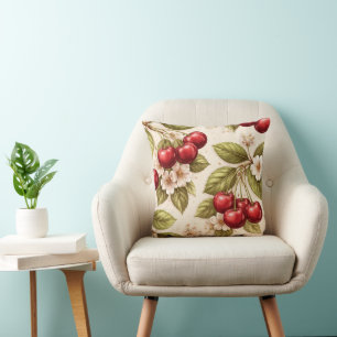Vintage Cherry Blossom Pattern Red Cherries Throw Pillow