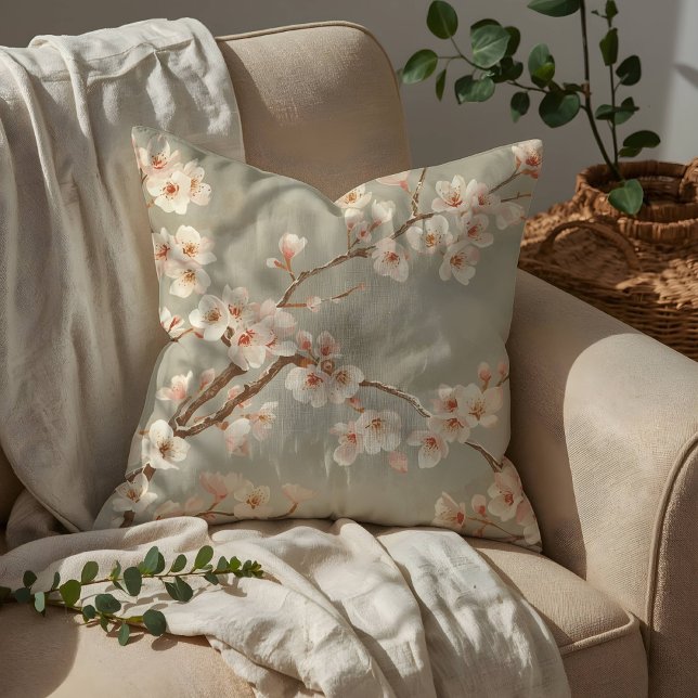 Vintage Cherry Blossom Sakura Branch Throw Pillow (Creator Uploaded)