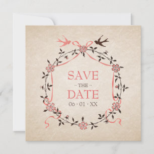 Vintage Cherry Blossom Swallows Save the Date card