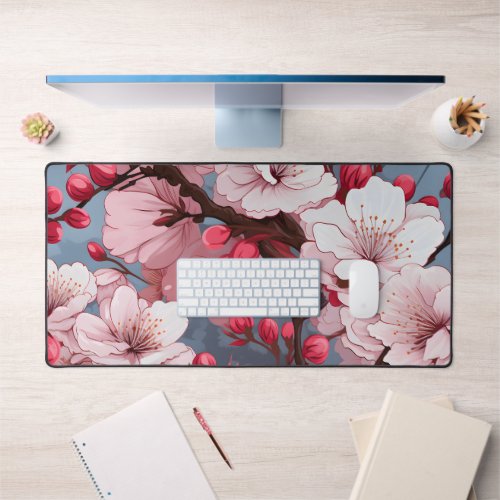 Vintage Cherry Blossom Watercolor Floral Pattern   Desk Mat