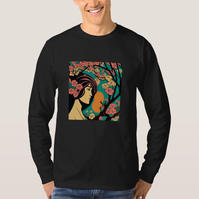 Vintage Cherry Blossom Woodblock Japanese Graphica T-Shirt (Front)