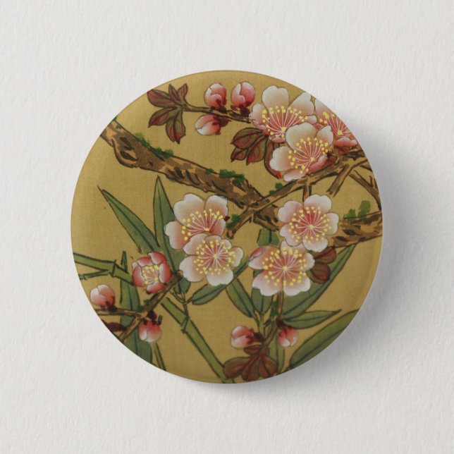 Vintage Cherry Blossoms Asian Japanese Flowers Pinback Button (Front)