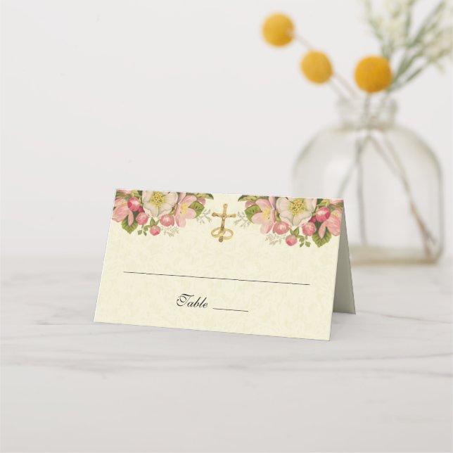 Vintage Cherry Blossoms Elegant Catholic Wedding Place Card (Front)