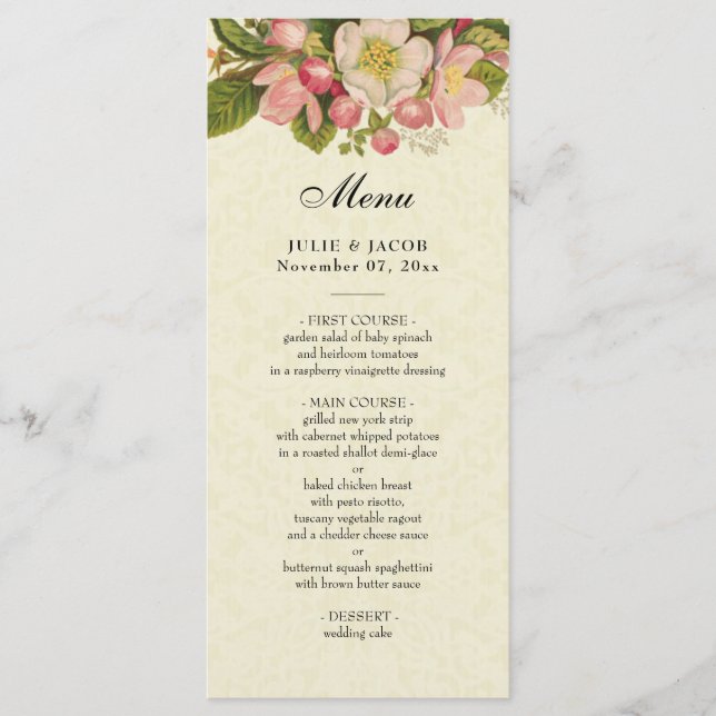Vintage Cherry Blossoms Elegant Lace Wedding Menu (Front)