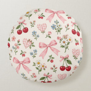 Vintage Cherry Bow Floral Fabric Pattern   Pink Gi Round Pillow