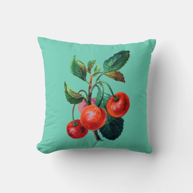 Vintage Cherry Branch Print Reversible Aqua Throw Pillow (Front)