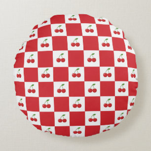 Vintage Cherry Gingham: Coquette Cottagecore Round Pillow