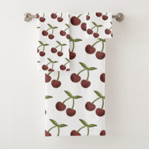 Vintage Cherry Illustrated Pattern on White Bath Towel Set