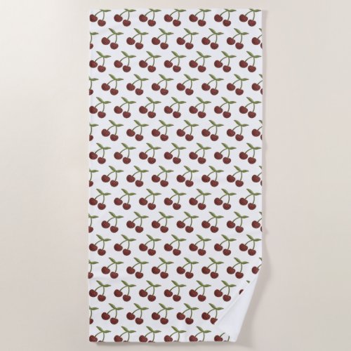 Vintage Cherry Illustrated Pattern on White Beach Towel