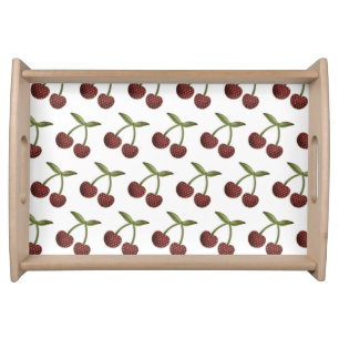 Vintage Cherry Illustrated Pattern on White Serving Tray