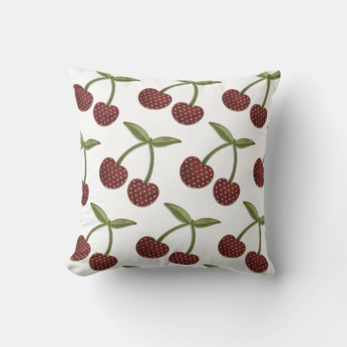 Vintage Cherry Illustrated Pattern on White Throw Pillow