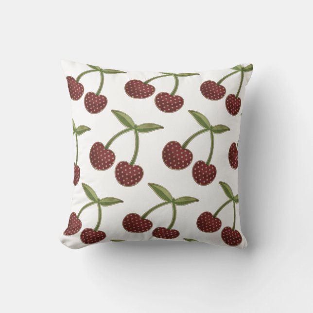 Vintage Cherry Illustrated Pattern on White Throw Pillow (Front)