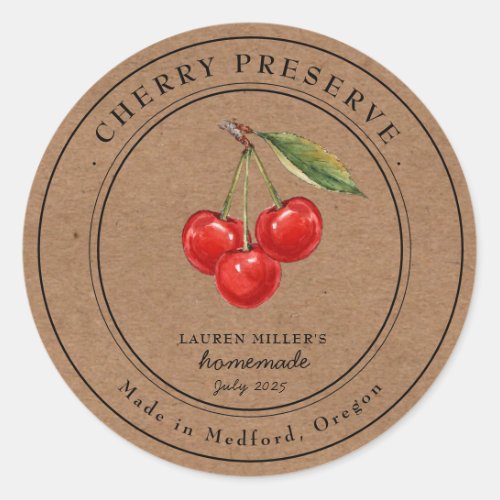 Vintage Cherry Preserve Jam Kraft paper jar label