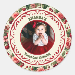 Vintage Cherry 'Sweet One' 1st Birthday Photo Classic Round Sticker
