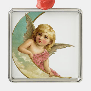 Vintage Cherub and Cresent Moon Metal Ornament