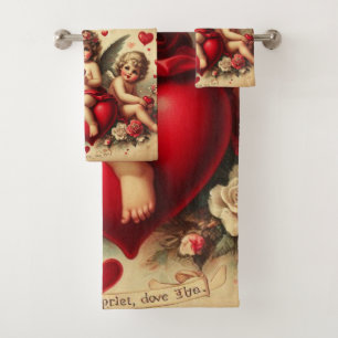 Vintage Cherub Angels and Red Hearts Bath Towel Set