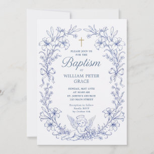 Vintage Cherub Angels Baptism Blue Invitation